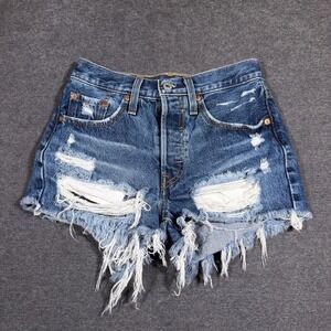 Levi's 501 Shorts Women 24 Blue Distressed Cut Off Denim Button Fly Mid Rise Mom